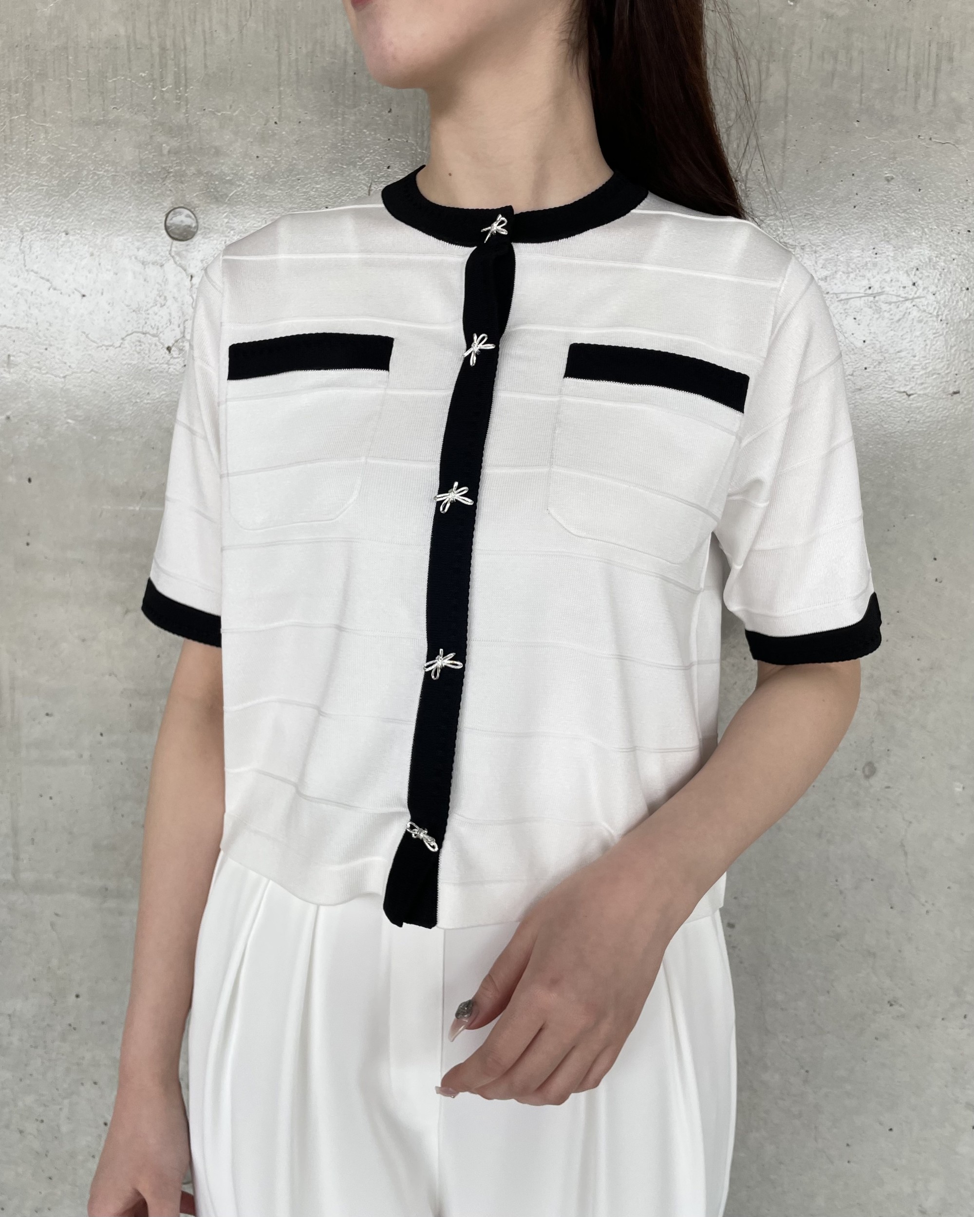 リボン5分袖カーディガン