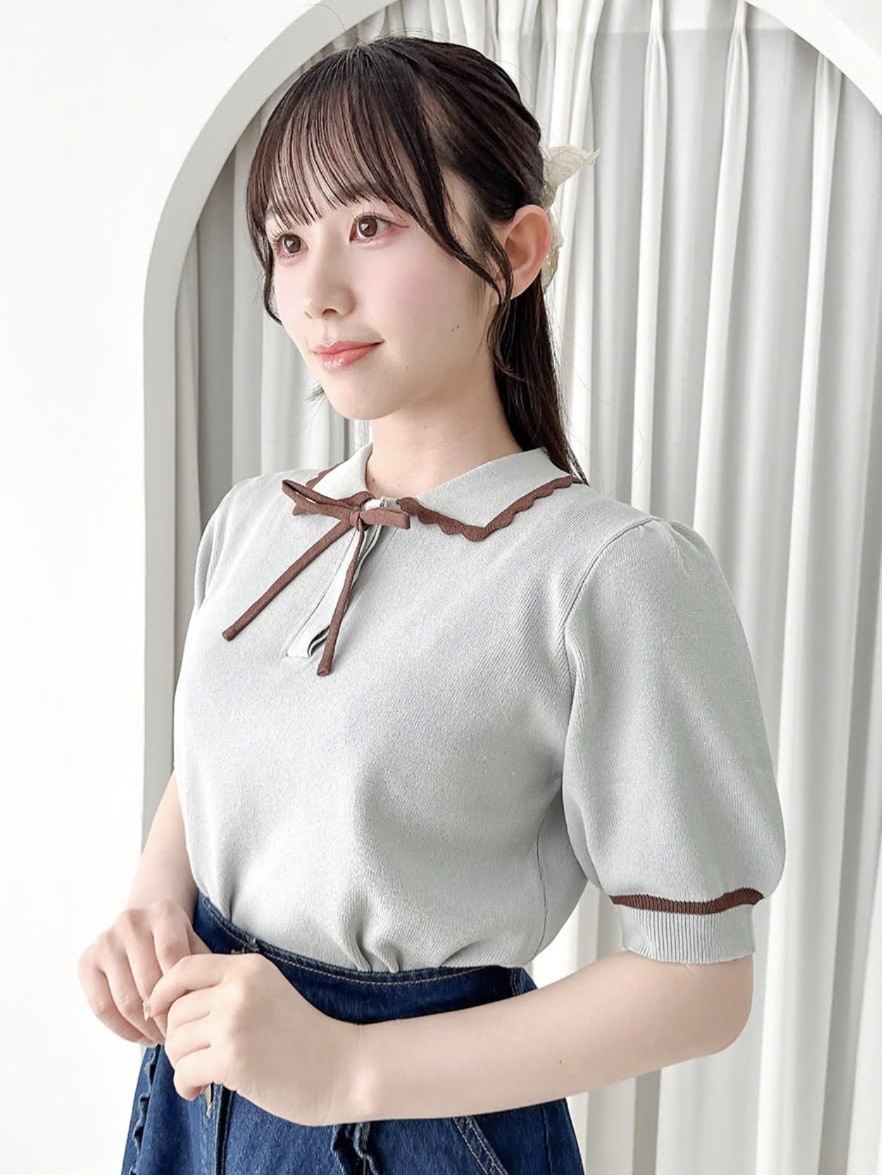 チョコレートのようなブラウンの配色ラインがキュートなニットポロ♡