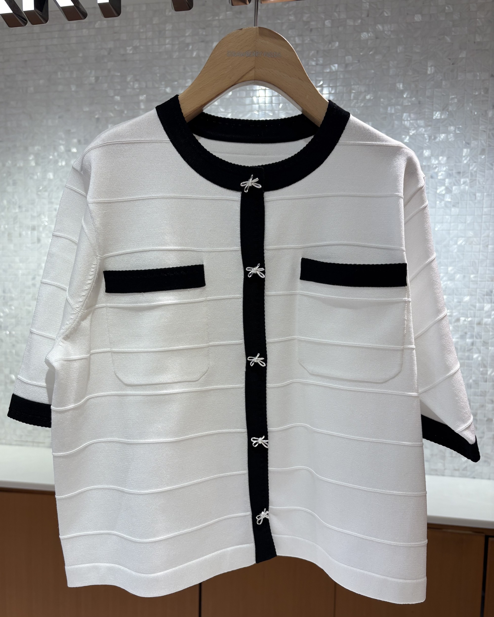 リボン5分袖カーディガン