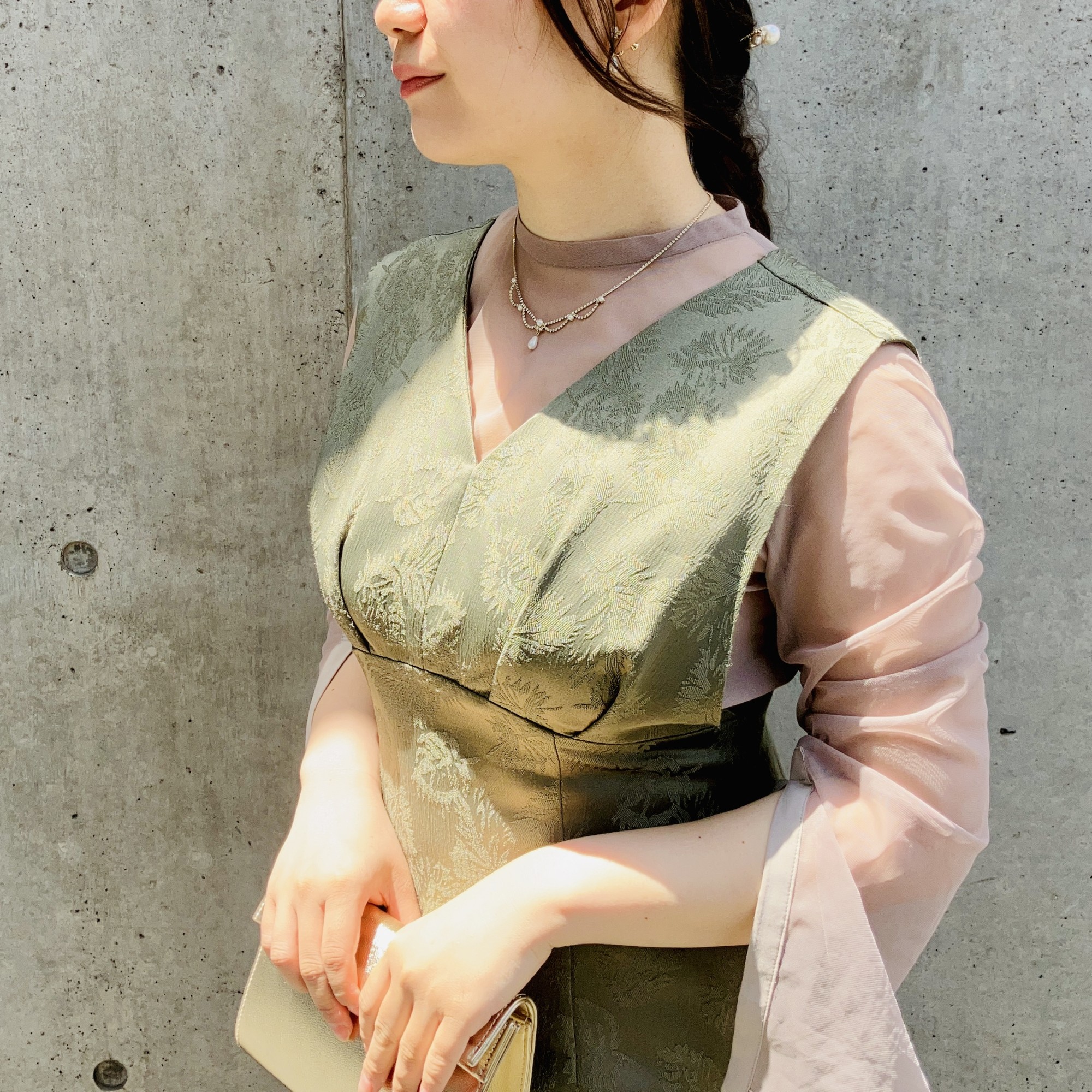 人気💓チュールブラウス付きジャカードＩラインドレス
