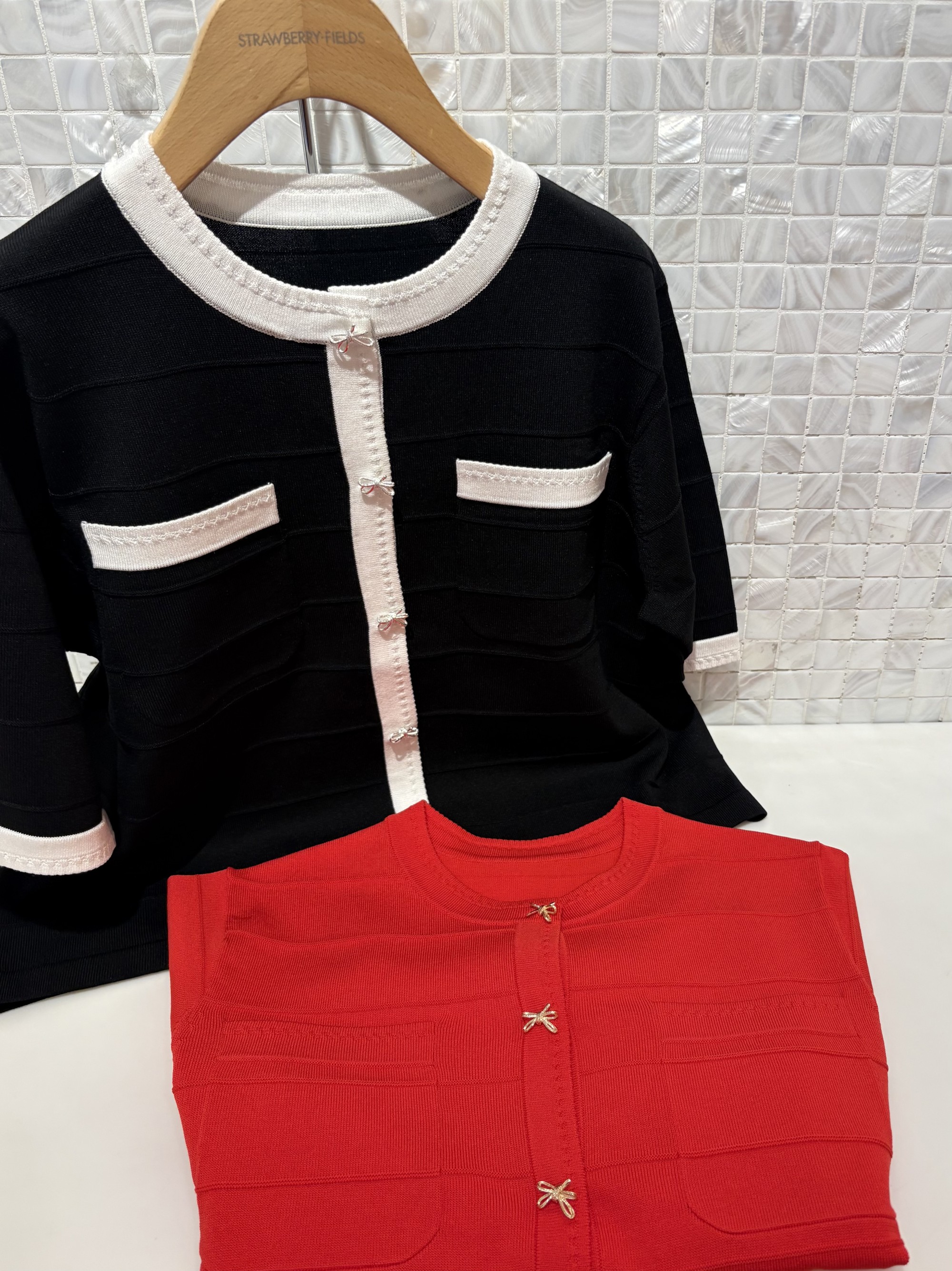 リボン5分袖カーディガン